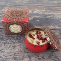 Soy wax scented candle in a red mandala tin with dried rose petals and matching gift box - Rose (Tin)
