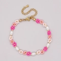 Bohemian beaded flower bracelet with pink beads, faux pearls and golden lobster clasp - Pink Woven Flower Pearl Style (MI-B220303A)