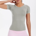 Detailed close-up of light gray short sleeve sports T-shirt with breathable knit texture - S / Earth Grey