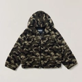 Close-up of textured camouflage faux fur hoodie with high-quality zipper and plush finish - S / Land Camo