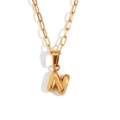 18K gold plated necklace featuring a mini bubble letter N pendant on a paperclip chain - Gold-N