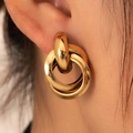 Chic three-ring intertwined gold earrings in minimalist geometric stainless steel design - Triple Architectural Linked (BJGE0743)