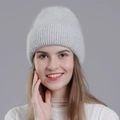Women's light grey rabbit fur knit beanie hat with fuzzy texture and warm ribbed cuff - Light Gray