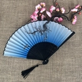 Chinese style folding fan with blue gradient, black hollow ribs and matching tassel - No.50 Blue Gradient Ink Branch