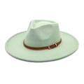 Dettaglio cappello fedora verde menta a tesa larga con fascia in pelle marrone e fibbia oro - M (56-58cm) / Verde Menta