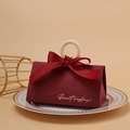 Triangle red wedding gift box with wooden ring handle and sweet wishes golden text - Large+Wood Ring / Burgundy English Box+Burgundy Ribbon