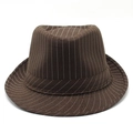 Detailansicht des braunen gestreiften Fedora-Hutes mit Köperbindung und breiter Krempe - M (56-58cm) / Kaffeebraun