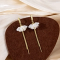 Elegant white petal drop earrings with gold tassels and pearls on silk background - Three-petal Flower Gold Tassel Style (E5425-4)