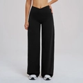 Pantalon de sport noir à jambes larges pour femmes avec taille haute croisée en V - S / Noir Premium