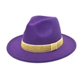 Detailed view of dark purple wool fedora hat featuring a sparkling gold glitter band decoration - Purple