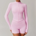 Rosa figurbetonte Langarm-Yoga-Jacke und High-Waist Sport-Shorts im zweiteiligen Set - Kirschblütenrosa