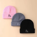 Three kids knitted beanies in pink grey black with cute dinosaur embroidery for autumn winter - One Size / Black + Grey + Pink