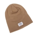 Detail showing the khaki knit beanie texture and white Infinity patch on a flat surface - One Size / Khaki