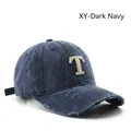 Navy blue washed cotton baseball cap with vintage distressed holes and embroidered T letter - Navy Blue