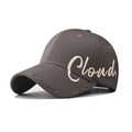 Detail of Cloud embroidery and distressed torn brim on heavy cotton baseball cap - Gray