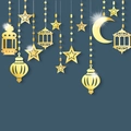 6pcs Golden Eid Ramadan hanging decorations with moon stars and lanterns on blue background - Gold Card Style