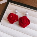 Macro shot of velvet red rose earrings with sparkling crystals and elegant white pearls - Sparkling Red Rose Pearl Style (56#)