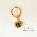 Detail of 14K gold plated hoop earring with green stone eye pendant and size specs - Malachite Eye