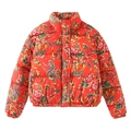 Detailed view of red winter jacket featuring traditional floral and phoenix pattern embroidery - XS / Red Floral Print