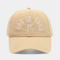 Detailed view of God Is Good text and bow embroidery on khaki cotton baseball cap - Adjustable / Khaki