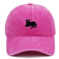 Close-up of black cat embroidery on distressed pink washed cotton baseball cap - Adjustable / Rose Red