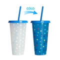710ml color changing cold coffee cup with blue straw and lid showing star patterns - 701-800ml / Star Pattern (Blue)
