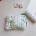 Macro detail of floral cotton pouch with blue stripes and simple wish woven label - Light Blue Striped Floral