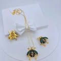 Golden beetle jewelry set with green and black zircons on white gift box - Necklace and Earring Set / Gold Green Rhinestone Beetle Set