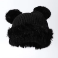 Bonnet d'hiver noir en tricot avec grands pompons en fourrure et oreilles d'ours - Taille unique / Noir