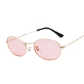 Retro oval metal sunglasses with golden frame and pink lenses in 45-degree side view - Gold Frame Pink Lens C7