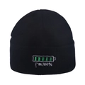 Black knit beanie with green battery and I'm 100% embroidery in a streetwear style - 100% Battery Embroidery / Black