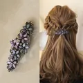 Elegant vintage flower hair clip with purple rhinestones and silver alloy spring base - Blue Pink - Curved Flower Vintage Spring Clip