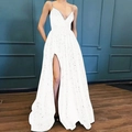 Sparkling white sequin evening gown with deep V-neck and sexy high split skirt design - L / White
