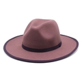 Detail of wide brim wool fedora hat in dusty pink with contrasting dark purple trim - M (56-58cm) / Deep Purple