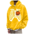 Yellow fleece hoodie with white rib cage skeleton print and jack-o'-lantern detail - S / Tops / Bright Yellow