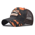 Detail of orange camouflage trucker hat featuring mountain embroidery and breathable mesh back - Adjustable / Orange Black Camouflage (Red Camouflage Mountain)