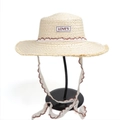 Detail eines Strohhutes mit Fransenrand, Love's Etikett und braun gewelltem Spitzenband - M (56-58cm) / LOVES-Beige