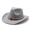 Grey western cowboy felt hat with ethnic beads and metal chain on white background - M / Gray