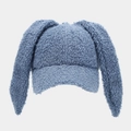 Detailed view of soft blue lamb wool texture on a cute baseball cap with rabbit ears - Adjustable / Fog Blue