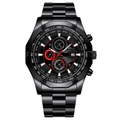 Men's sports quartz watch with black metal strap, chronograph dials and date window - Steel and Black