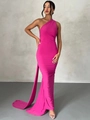Slim fit bright pink one-shoulder dress with long elegant train and ruched cutouts - S / Rose Red