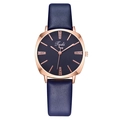 Elegant women's square quartz watch with navy blue leather strap and rose gold rhinestone dial - Blue