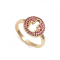 Adjustable golden Hamsa hand ring featuring hollow design and pink zircon pavé accents - Pink