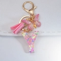 Pink resin letter Y keychain with butterfly sequins, golden clasp, and leather tassel - Letter Y