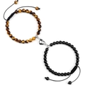 Tiger eye and black onyx couple magnetic heart bracelets with adjustable braided ropes - Tiger's Eye & Obsidian Bracelet