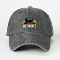 Close-up of charcoal grey washed baseball cap with black cat print and Ew People text - One Size / Army Green