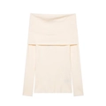 Off-shoulder off-white knit sweater with ribbed texture and elegant fold-over collar - S / Off White