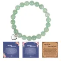 Detail of 8mm natural green stone beaded bracelet with heart charm and healing message card - Green Aventurine