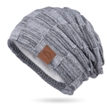 Grey mixed knit beanie with warm white fleece lining and brown leather sport patch - Mixed Light Grey