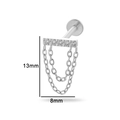Titanium piercing stud with five zircons and double hanging chains in silver color - Tassel Chain Bar Style-Silver (T2503-8#银)
